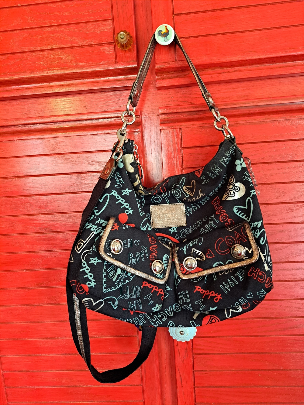 Coach Black Poppy Print Shoulder And Hand Carry Strap Slouch Bag